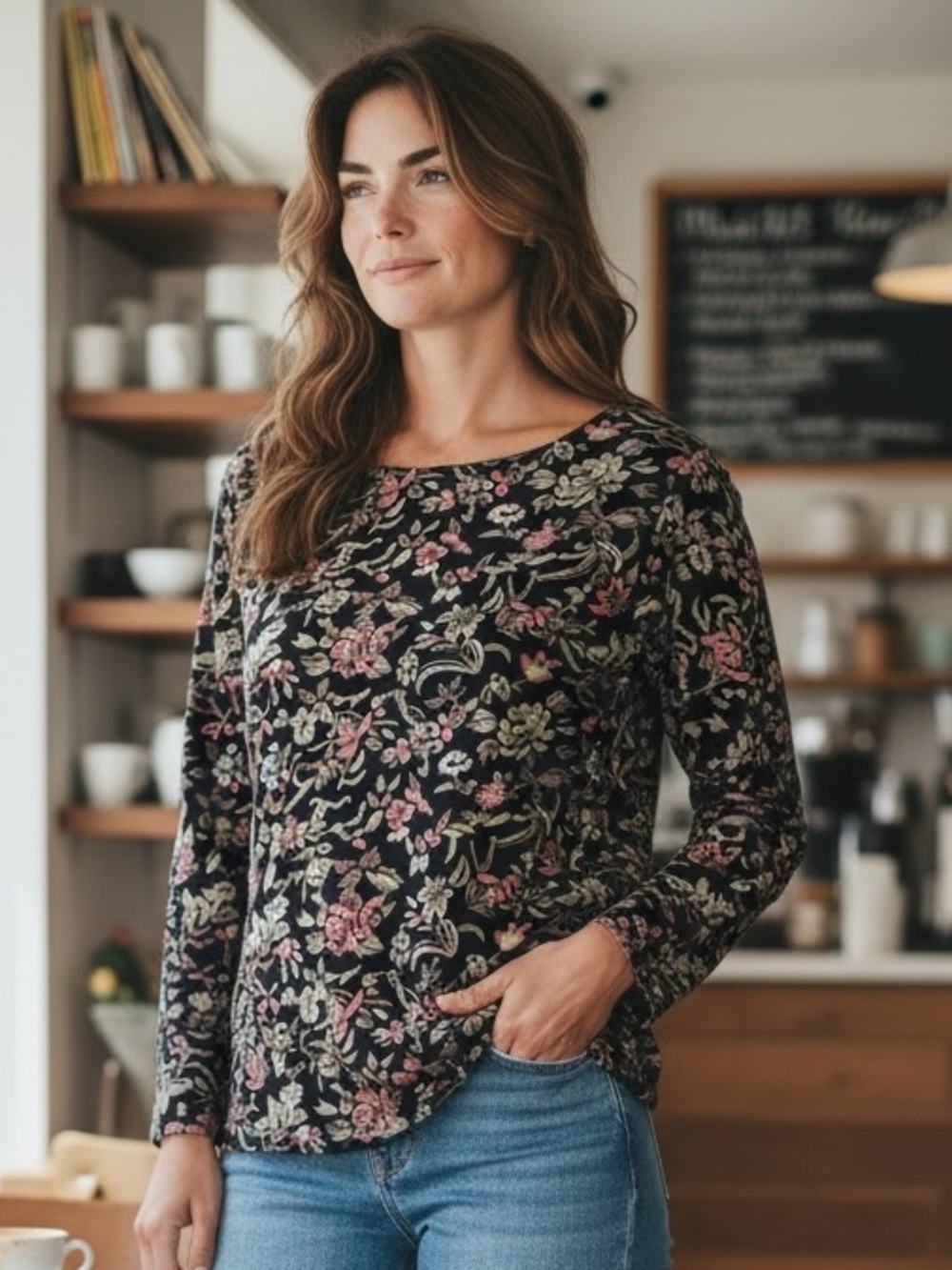 Charter Club Black Floral Crewneck Top with Pink & Olive Accents. Silk Blend